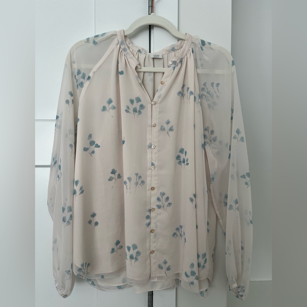 Aritzia Cream Sheer Floral Button-Down Blouse with Blue-Green Motif
